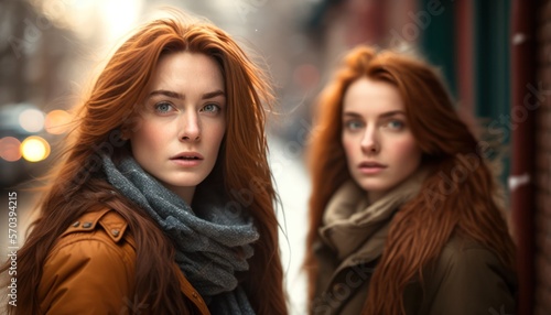 Young attractive ginger haired twin sisters looking at the camera wearing winter coats. Generative AI