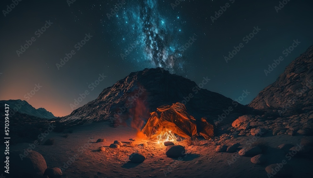  a campfire in the middle of a desert under a night sky filled with stars and the milky in the distance with a mountain in the foreground.  generative ai