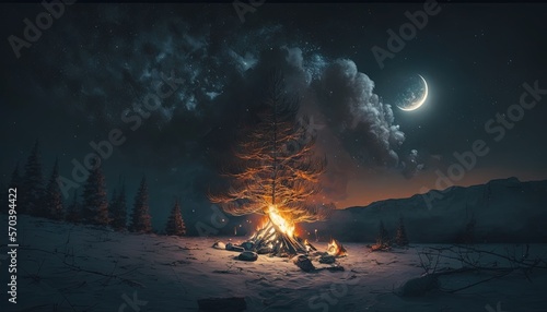  a campfire in the middle of a snowy field at night with the moon in the sky and stars in the night sky above it. generative ai