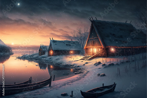 Tablou canvas a medieval viking village, winter, nightsky, sunset, fantasy art - Generative AI