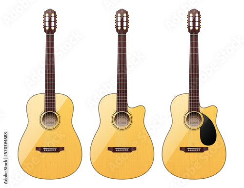 Vector set of different shape realistic classical acoustic guitars, isolated on a white background.