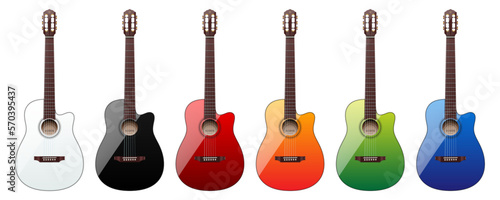 Vector set of colorful classical acoustic guitars, isolated on a white background.