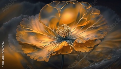 Fototapeta Naklejka Na Ścianę i Meble -   a yellow flower with a black background and a blurry image of the flower in the center of the image is a dark background with a yellow center.  generative ai