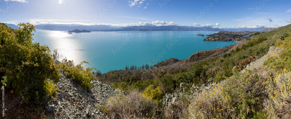 Panorama view over the beautiful Lago General Carrera in southern Chile