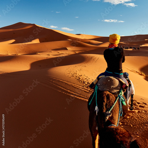 A young women in a yellow cap rides a camel  through the dunes in the Sahara Desert. View of the woman from behind  in the background  small silhouettes of other tourists. Merzouga  Morocco
