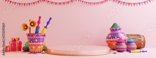 illustration of abstract colorful Happy Holi background card design for color festival of India celebration in 3d render, pink background