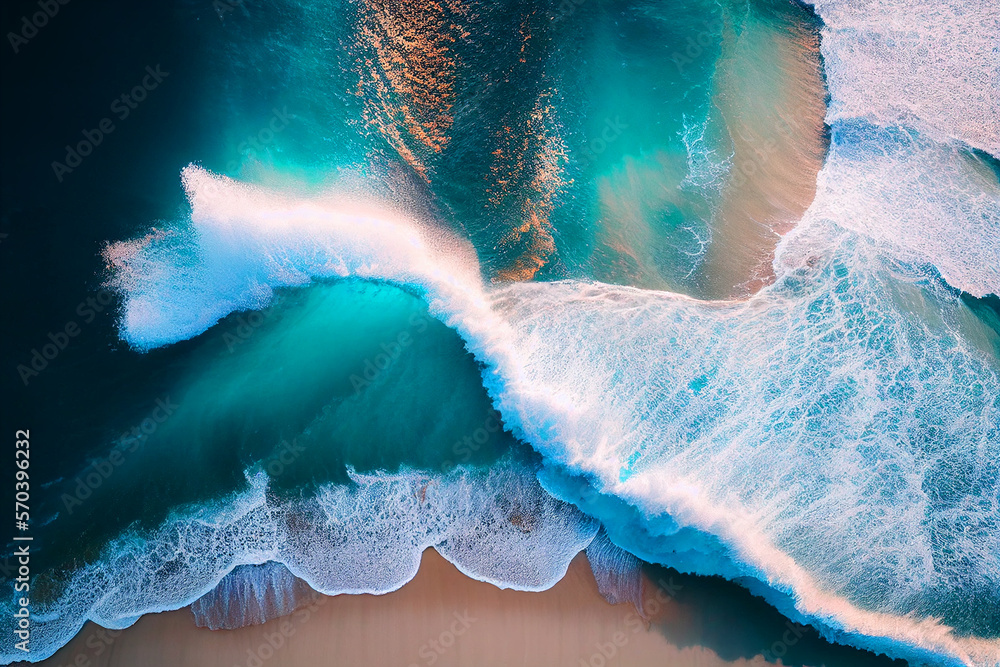 Waves in sea, top view. Seashore sea waves, bright beach, seaside. Wave at beach, aerial. Splashing Waves in ocean. Blue sea water. Sea aerial view in tropical sunset. Aerial beach scene, drone view.