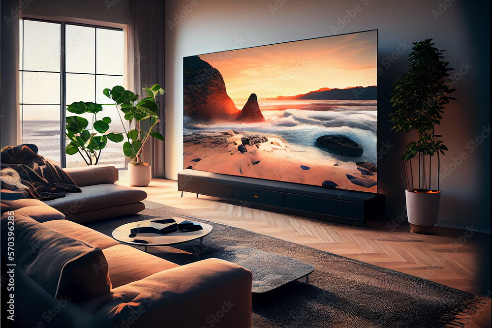 Big screen 8K OLED TV in the bright living room with ambient light and sound Generative AI