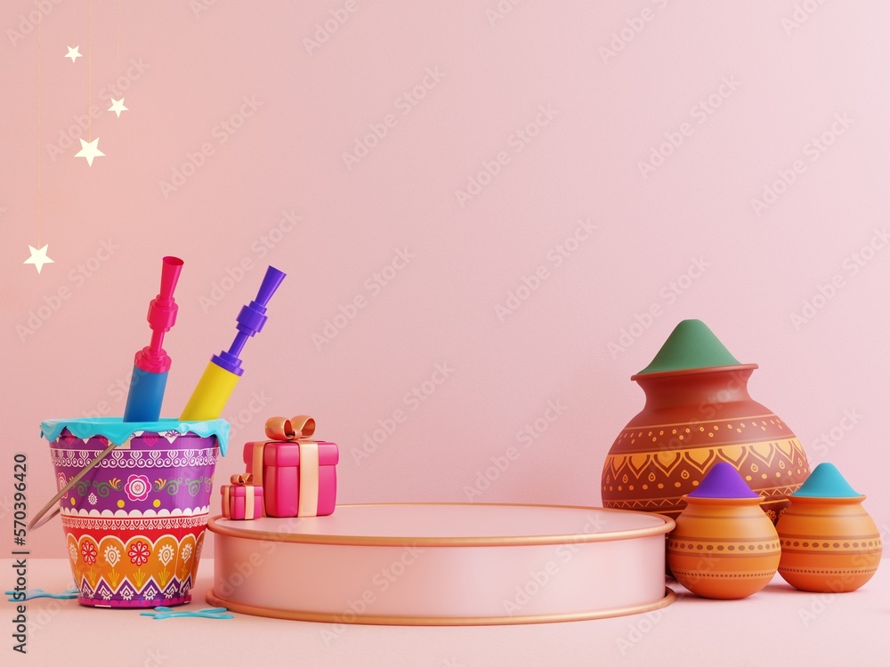 illustration of abstract colorful Happy Holi background card design for color festival of India celebration in 3d render, pink background illustration of abstract colorful Happy Holi background card design for color festival of India celebration in 3d render, pink background