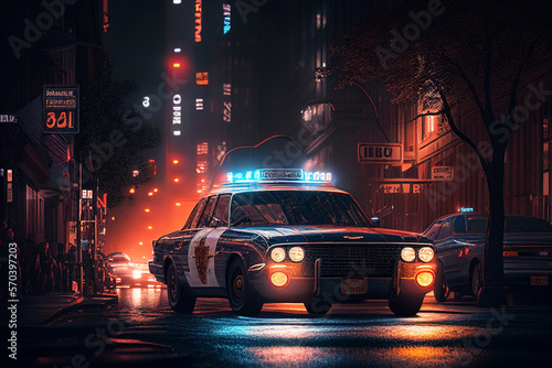 Police car in New York. Police car with red and blue emergency lights. Emergency vehicle lighting. LED blinker flasher Police car. Road traffic jam accident. Crime in City. Operation, control, patrol.