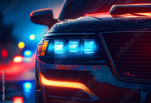 Police car in New York. Police car with red and blue emergency lights. Emergency vehicle lighting. LED blinker flasher Police car. Road traffic jam accident. Crime in City. Operation, control, patrol.