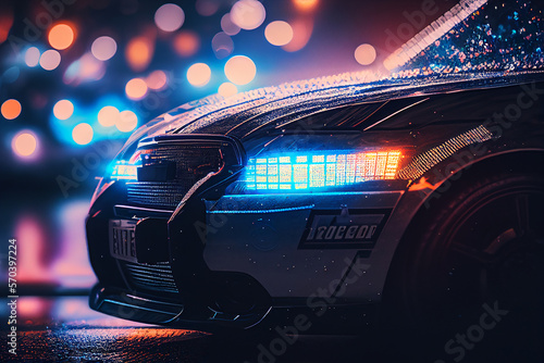 Police car in New York. Police car with red and blue emergency lights. Emergency vehicle lighting. LED blinker flasher Police car. Road traffic jam accident. Crime in City. Operation, control, patrol.