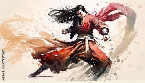 kungfu pose, Chinese Painting watercolor, Generative AI photo