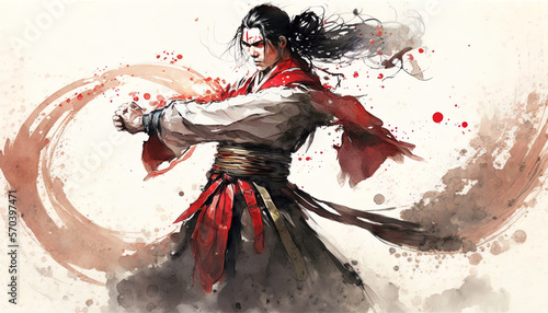 kungfu pose, Chinese Painting watercolor, Generative AI photo