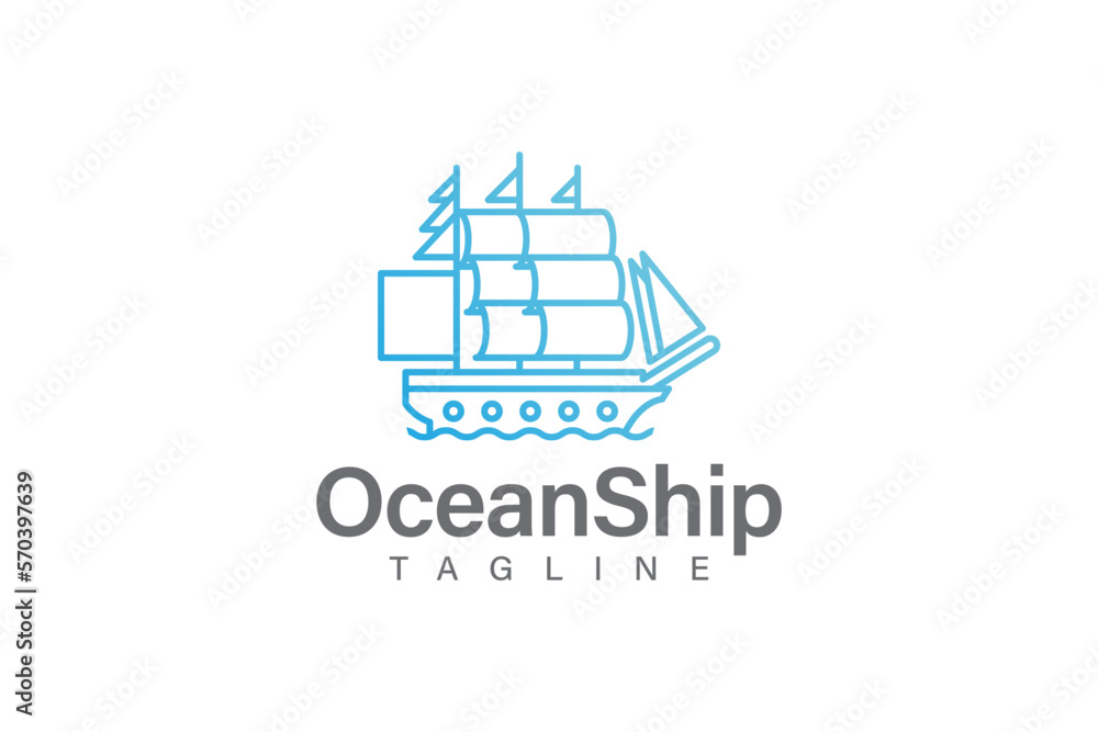 Ship and wave logo design vector with line art or monoline style
