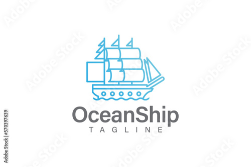 Ship and wave logo design vector with line art or monoline style