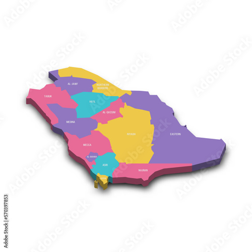 Saudi Arabia political map of administrative divisions - provinces or regions. Colorful 3D vector map with dropped shadow and country name labels.