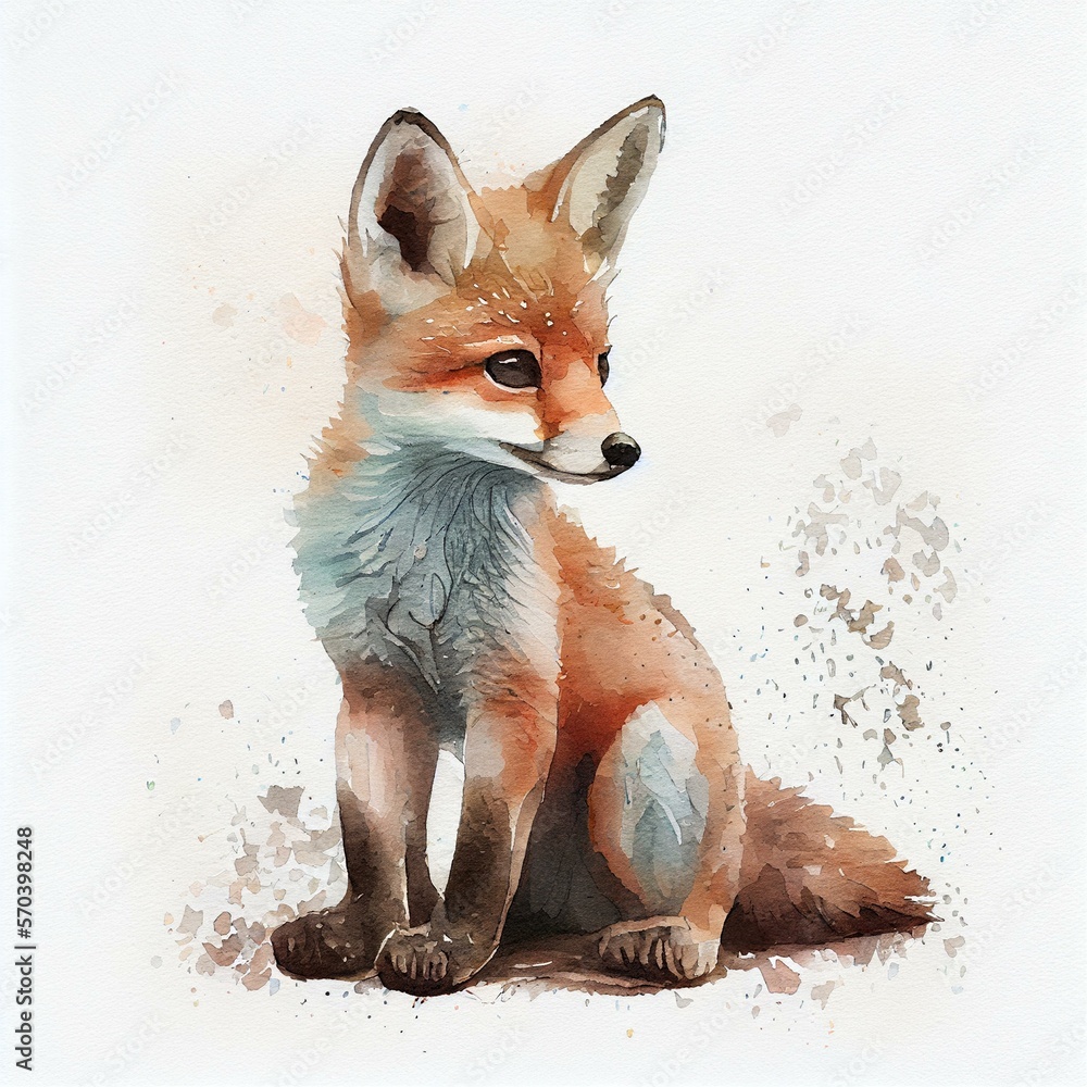 Obraz premium Cute baby fox watercolor art print. Small and sweet! AI Generated