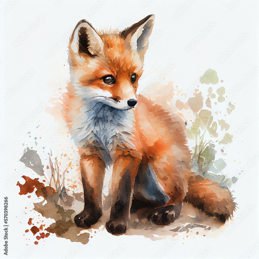 Obraz premium Cute little baby fox. watercolor-style. AI Generated