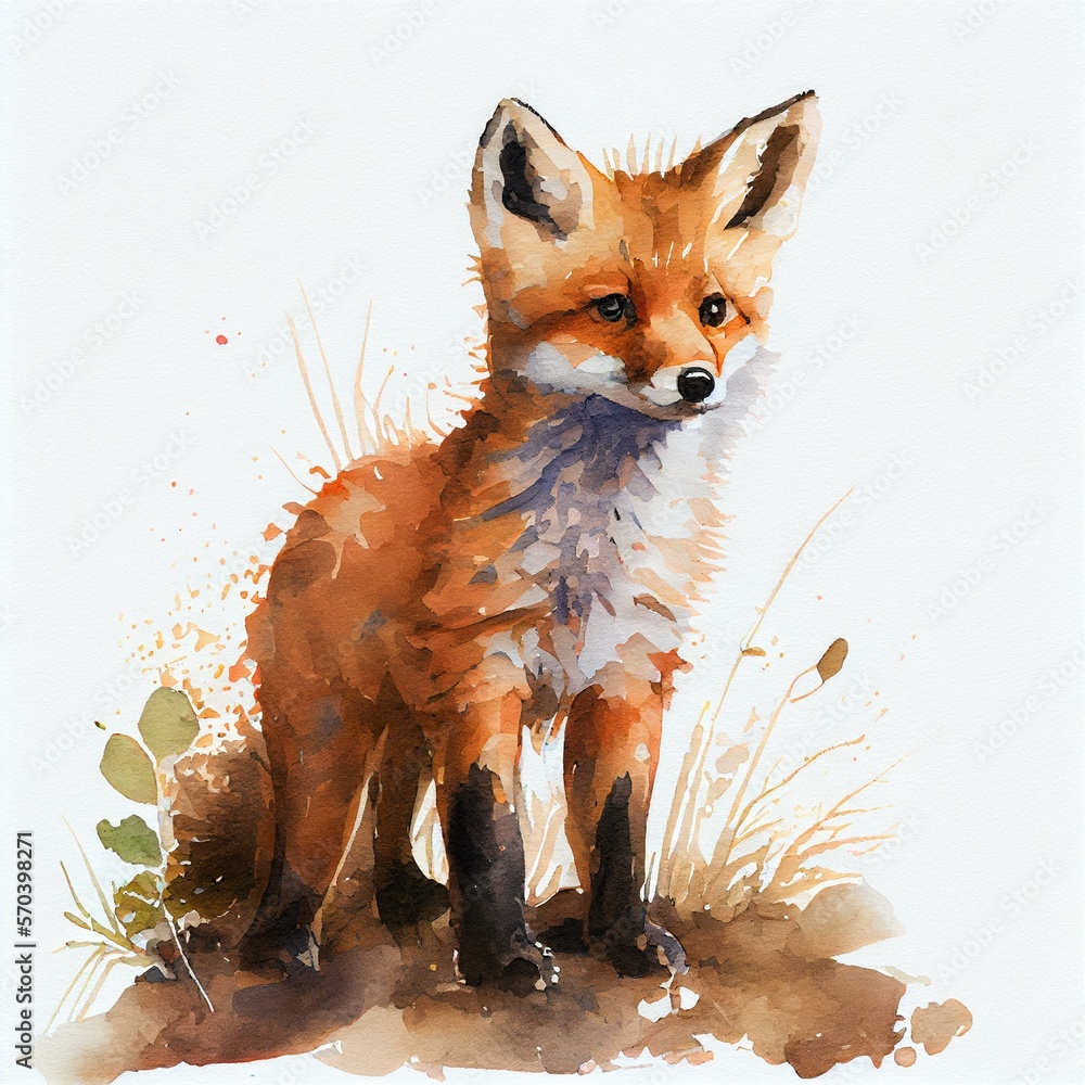 Obraz premium Cute baby fox. watercolor style. AI Generated