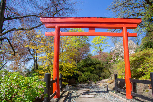 Torii gate in red color and Japanese garden behind  in Kaiserslautern