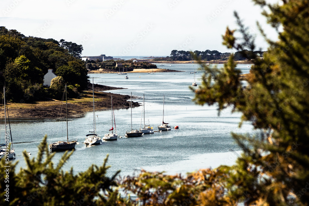 Idylillic Point de vue sur Aber Wrac'h with many sailboats, Plouguerneau, Brittany, France
