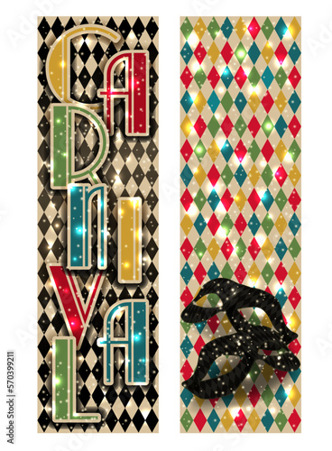 Happy Carnival mask , two banners in art deco style , vector illustration