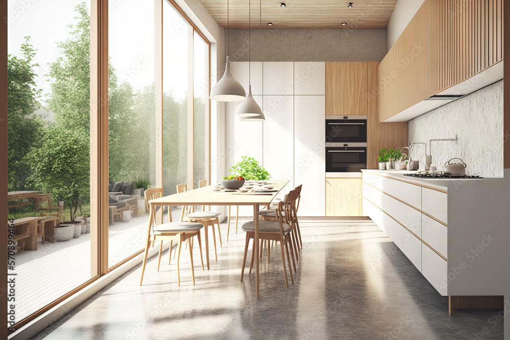 Large windows, a concrete floor, wooden counters, and a white table and ...
