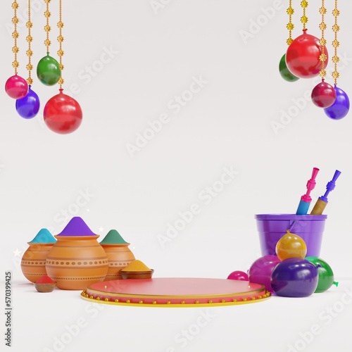 illustration of abstract colorful Happy Holi background card design for color festival of India celebration in 3d render, white background