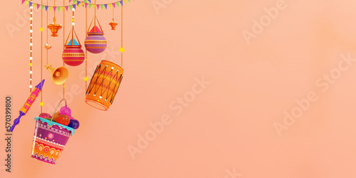illustration of abstract colorful Happy Holi background card design for color festival of India celebration in 3d render
