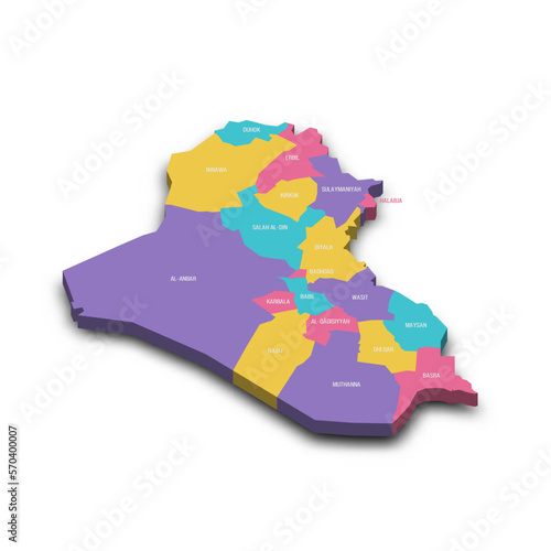 Iraq political map of administrative divisions - governorates and Kurdistan Region. Colorful 3D vector map with dropped shadow and country name labels. photo