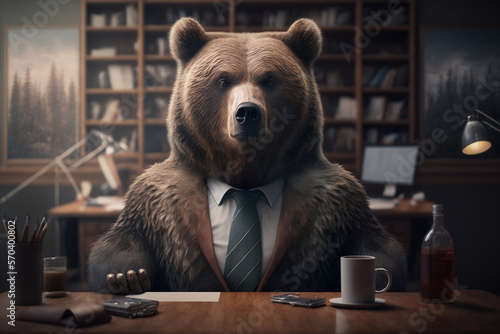 Portrait of a Bear Dressed in a Formal Business Suit at The Office, Boss Bear, Generative Ai photo