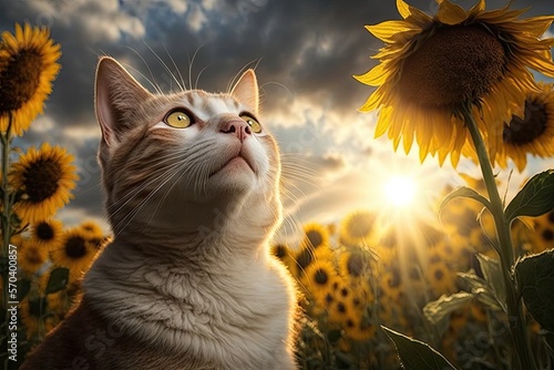 Orange and white american short hair Cat sitting in a field of sunflowers looking up