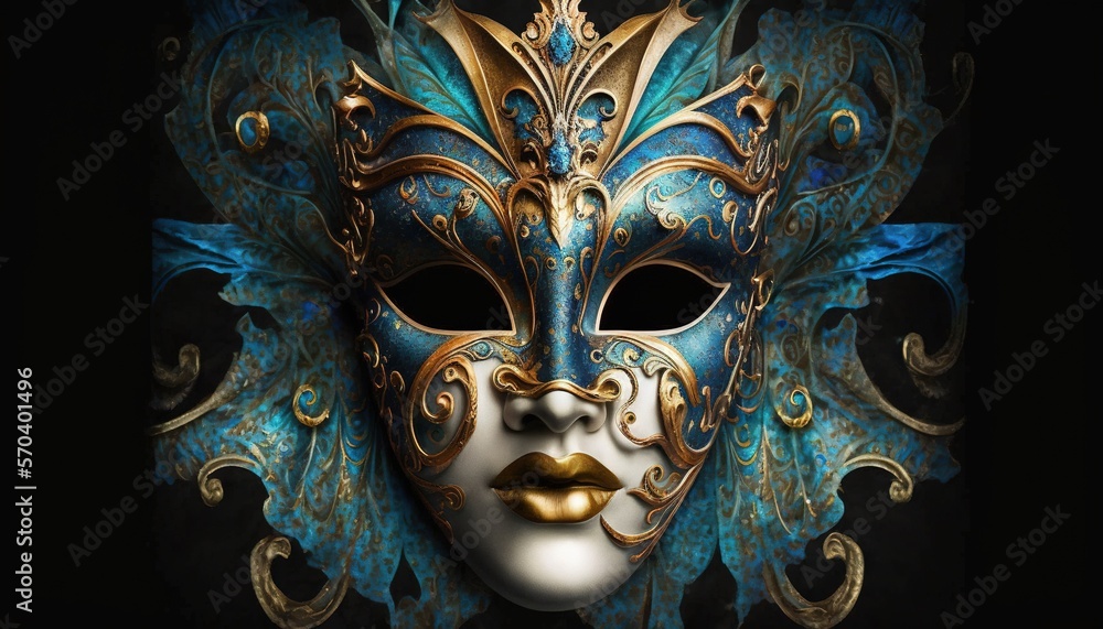 a blue and gold masquerade mask on a black background with a gold lip