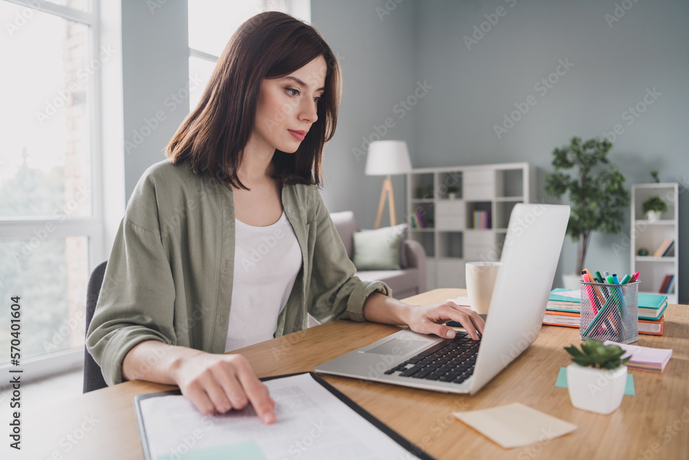 Photo of charming intelligent lady write economy finance statistic check weekly report use netbook macbook office room home indoor Photo of charming intelligent lady write economy finance statistic check weekly report use netbook macbook office room home indoor