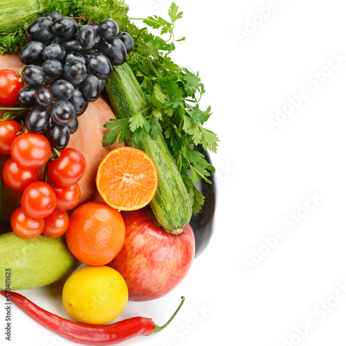 Fruits and vegetables isolated on white. Free space for text.
