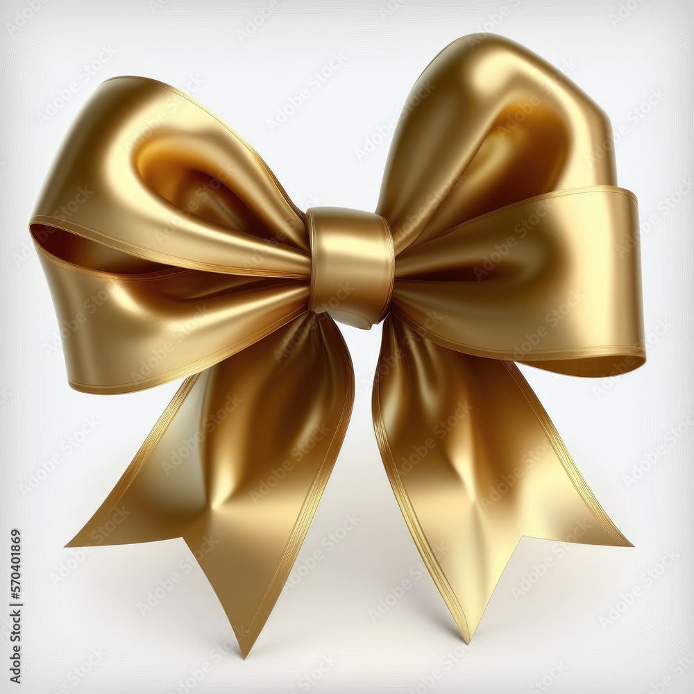Golden Silk Bow on White Background. Illustration Generative AI
