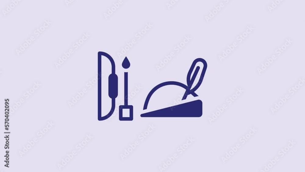 Blue Robin hood hat with feather, bow and arrow icon isolated on purple background. 4K Video motion graphic animation Blue Robin hood hat with feather, bow and arrow icon isolated on purple background. 4K Video motion graphic animation