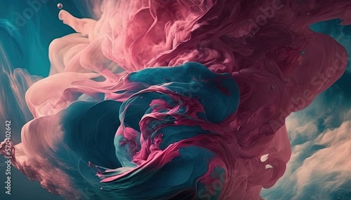  an abstract painting of pink, blue and pink liquid in the air with a dark background and a blue sky filled with clouds and water.  generative ai