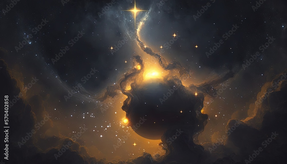 Fototapeta premium a person's head in the clouds with a star in the middle of the image and a bright light shining in the middle of the clouds. generative ai