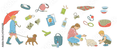 a girl walks with a puppy, a woman and a boy feed a puppy, set of elements about caring for a puppy,