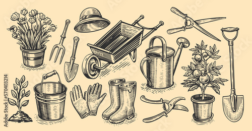 Gardening set of items in sketch style. Garden, farm concept. Agriculture, farming vintage vector illustration