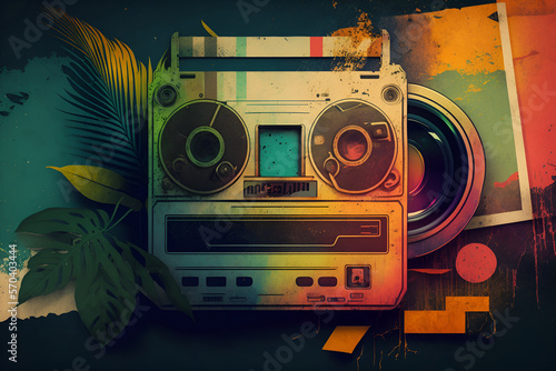 colorful retro vintage tape recorder with tropical colorways and palm leaves, retro background and vinyl record, graffiti reggae style, generative ai photo