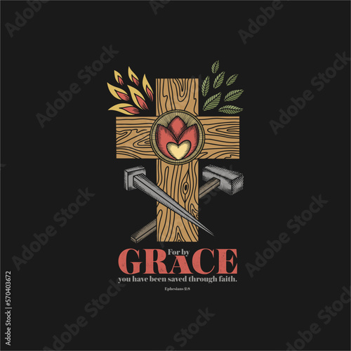 A hand-drawn Bible doodle illustration. Grace is a symbol of God's love and salvation. Christian cross, nail and hammer.