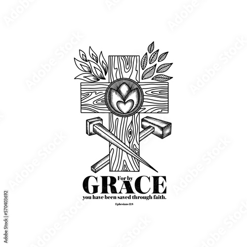 A hand-drawn Bible doodle illustration. Grace is a symbol of God's love and salvation. Christian cross, nail and hammer.