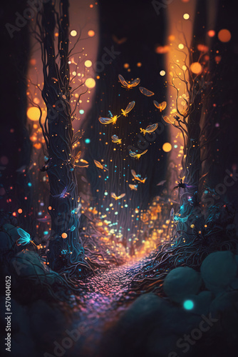 Magical forest with tiny creatures - Forest with Tiny Creatures Series - Magical Forest with Tiny Creatures background wallpaper created with Generative AI technology