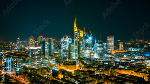 high angle view of the illuminated city skyline at night  frankfurt main  germany