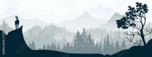 Horizontal banner. A chamois stands on top of a hill with mountains and forest in the background. Black silhouette with gray background. Illustration. Magic misty landscape.