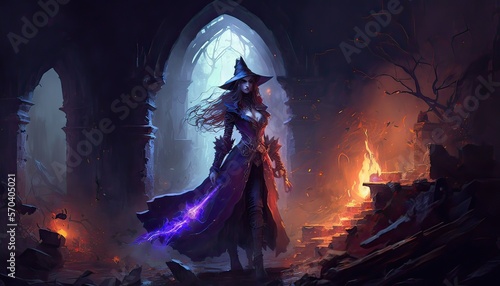 Vászonkép Sorceress battles evil warlock in ruined castle