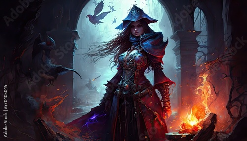 Obraz na plátne Sorceress battles evil warlock in ruined castle